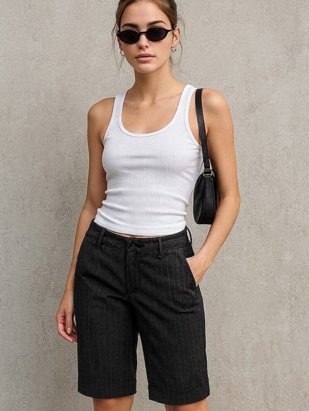Fox Gray Pinstripe Bermuda Shorts Tailored Cuffed Quiet Luxury Preppy Medium